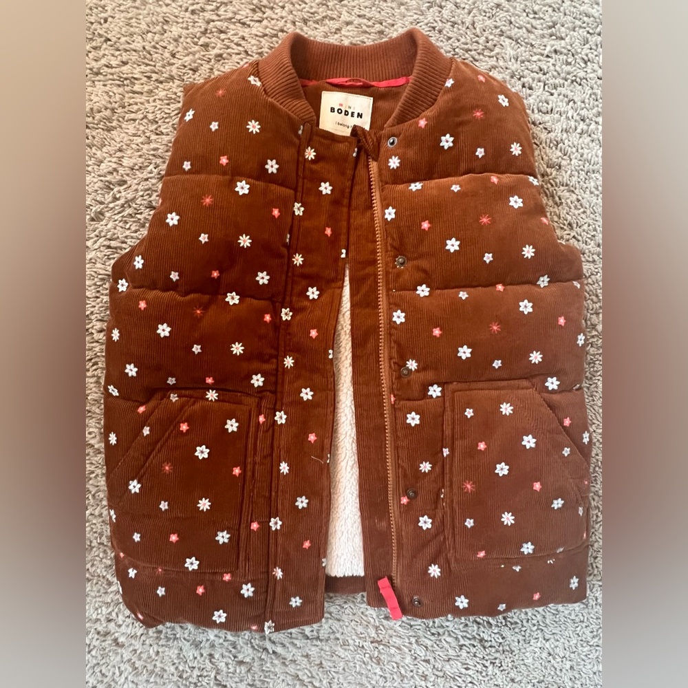 Mini Boden Brown Corduroy Vest with Floral Embroidery